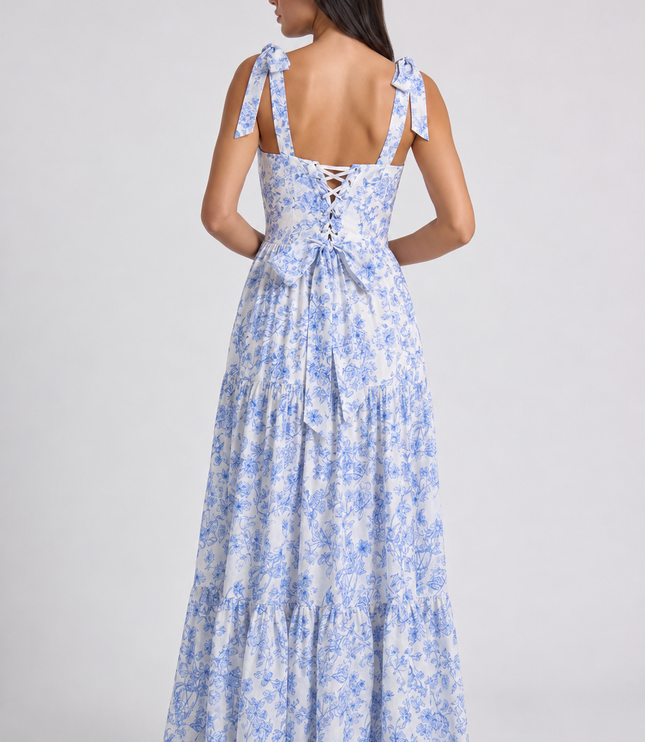 Women's Blue Floral V-Neck Maxi Wedding Guest Dress, Summer