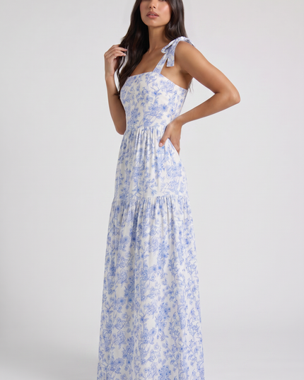 Women's Blue Floral V-Neck Maxi Wedding Guest Dress, Summer