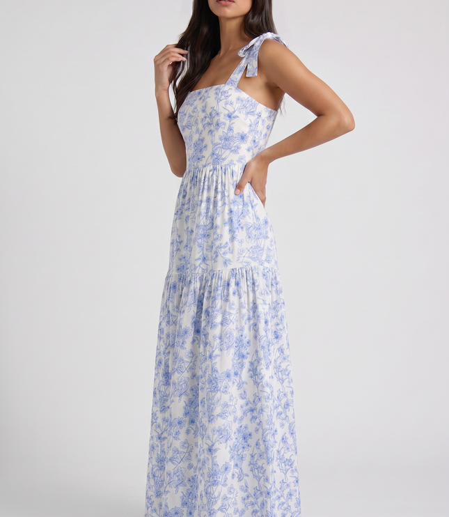 Women's Blue Floral V-Neck Maxi Wedding Guest Dress, Summer