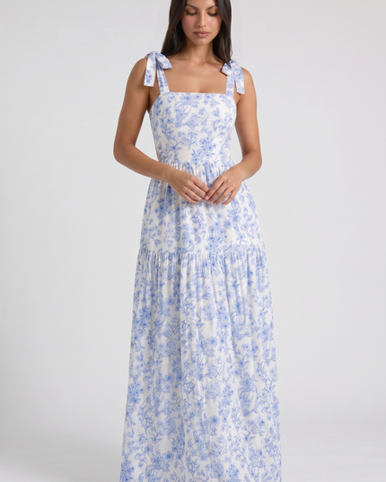Women's Blue Floral V-Neck Maxi Wedding Guest Dress, Summer