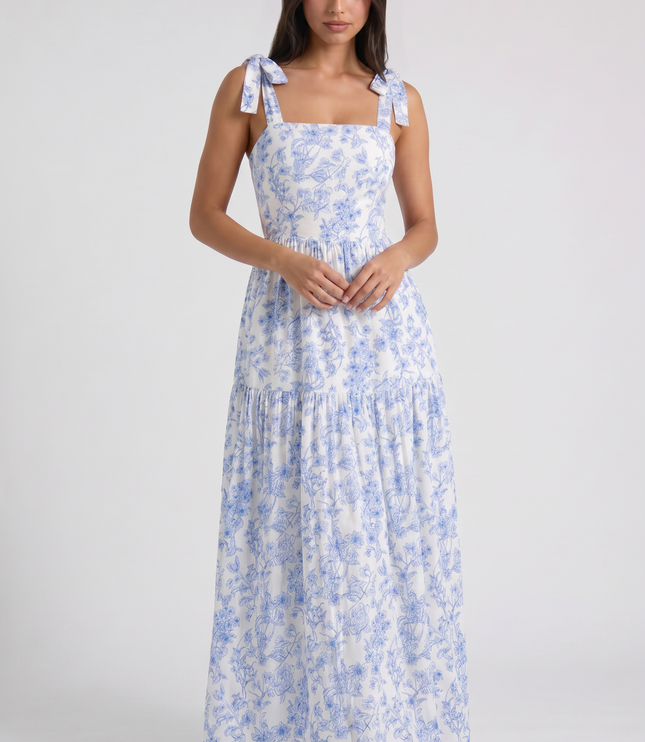 Women's Blue Floral V-Neck Maxi Wedding Guest Dress, Summer
