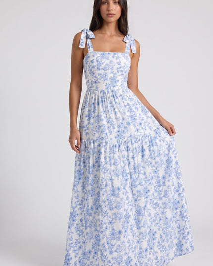 Women's Blue Floral V-Neck Maxi Wedding Guest Dress, Summer