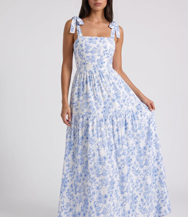 Women's Blue Floral V-Neck Maxi Wedding Guest Dress, Summer
