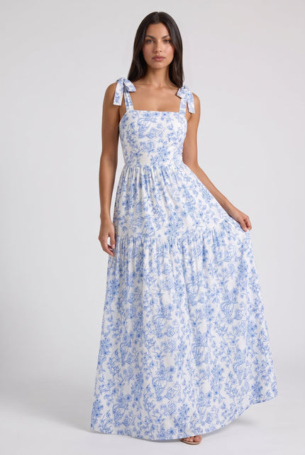 Women's Blue Floral V-Neck Maxi Wedding Guest Dress, Summer