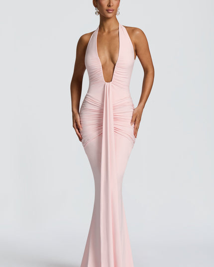 Women's Blush Plunge Neck Ruched Sleeveless Maxi Dress