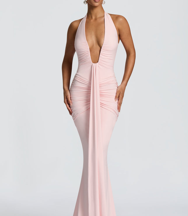 Women's Blush Plunge Neck Ruched Sleeveless Maxi Dress