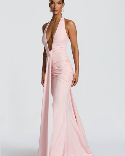 Women's Blush Plunge Neck Ruched Sleeveless Maxi Dress