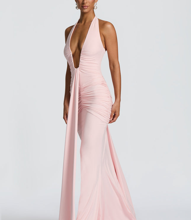 Women's Blush Plunge Neck Ruched Sleeveless Maxi Dress