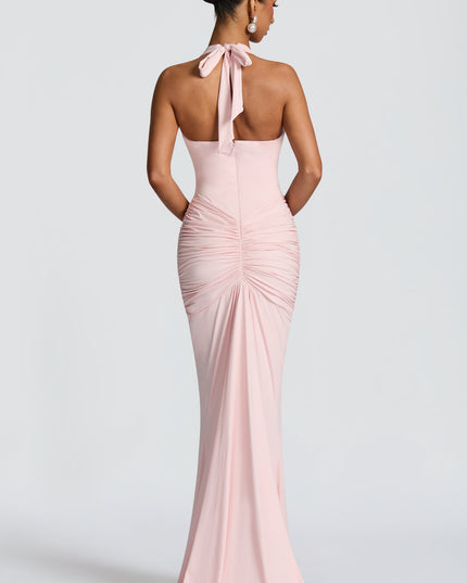 Women's Blush Plunge Neck Ruched Sleeveless Maxi Dress