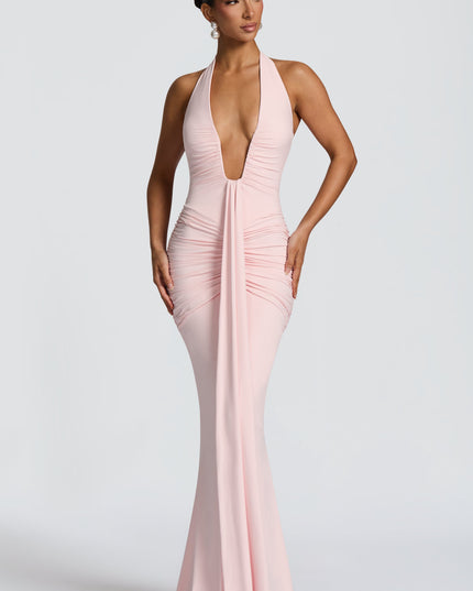 Women's Blush Plunge Neck Ruched Sleeveless Maxi Dress