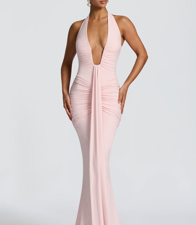 Women's Blush Plunge Neck Ruched Sleeveless Maxi Dress