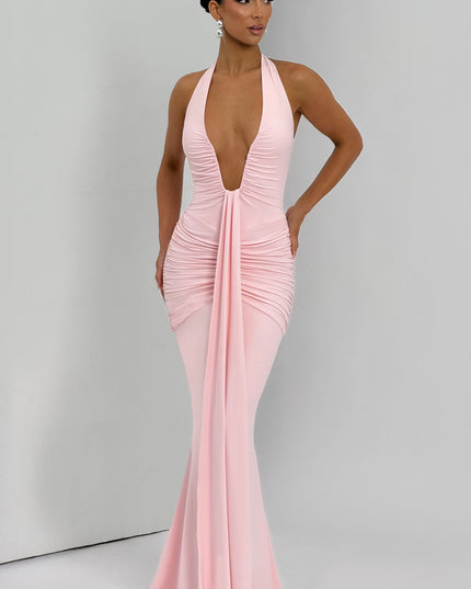 Women's Blush Plunge Neck Ruched Sleeveless Maxi Dress