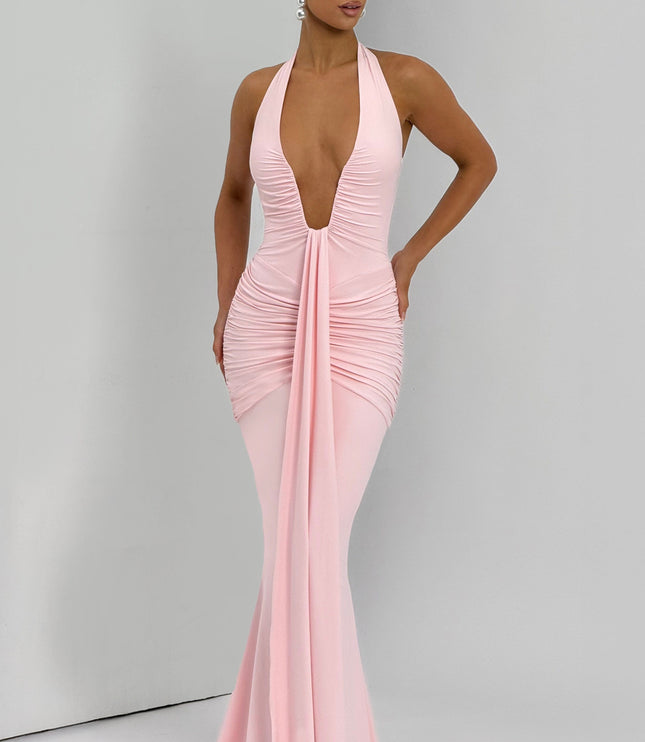 Women's Blush Plunge Neck Ruched Sleeveless Maxi Dress
