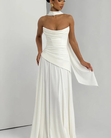 Ivory strapless cowl neck maxi dress with draped bodice and flowing skirt back view