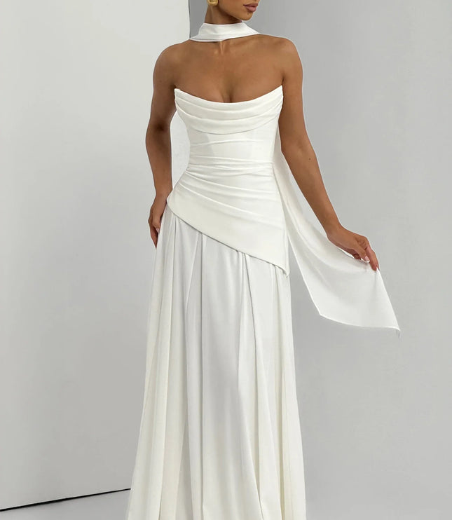 Ivory strapless cowl neck maxi dress with draped bodice and flowing skirt back view