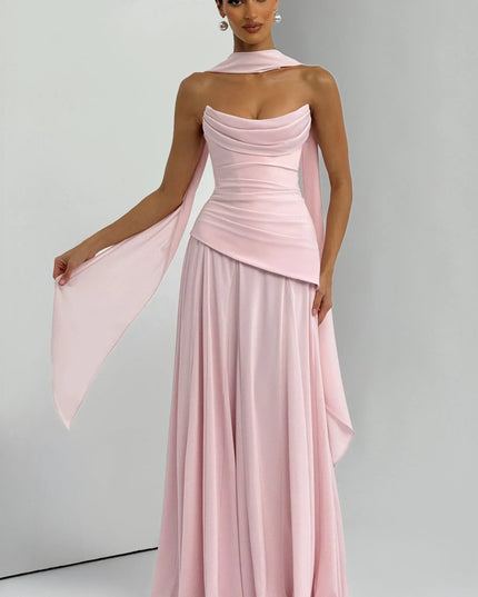 Blush pink strapless cowl neck maxi dress with draped bodice and side drape detail