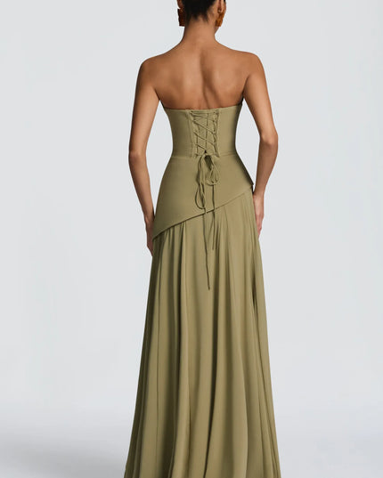 Sage green strapless cowl neck maxi dress with lace-up corset back closure
