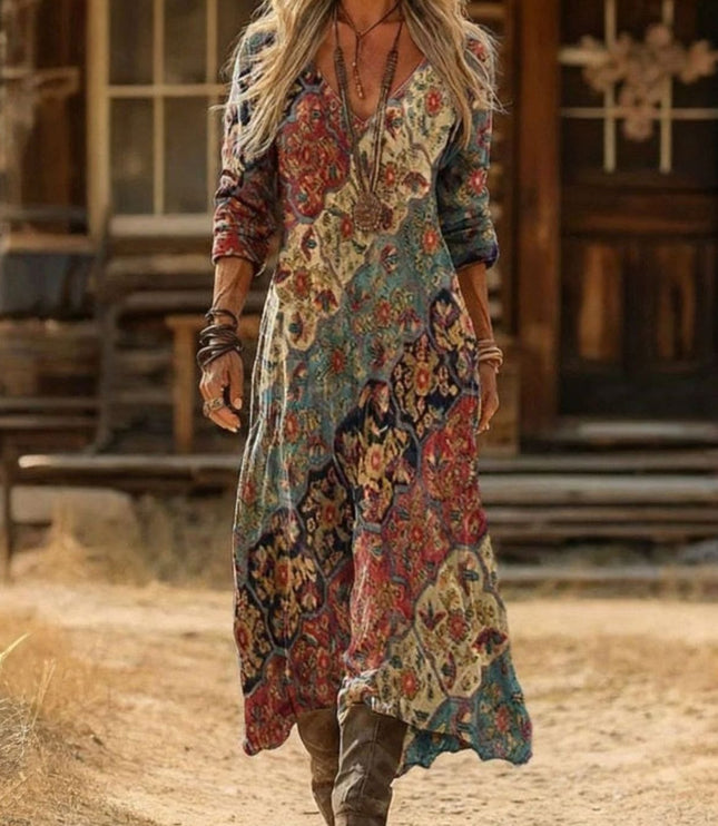 Women's Boho Maxi Dress in Folk Floral with Long Sleeve