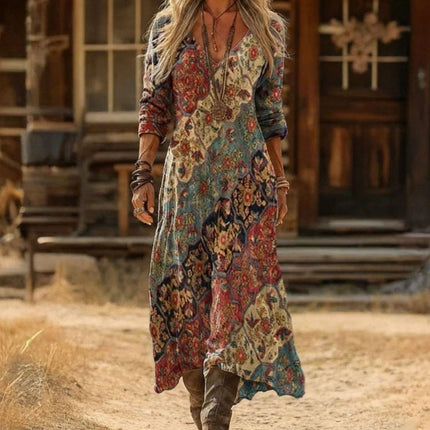 Women's Boho Maxi Dress in Folk Floral with Long Sleeve