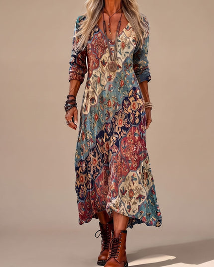 Women's Boho Maxi Dress in Folk Floral with Long Sleeve