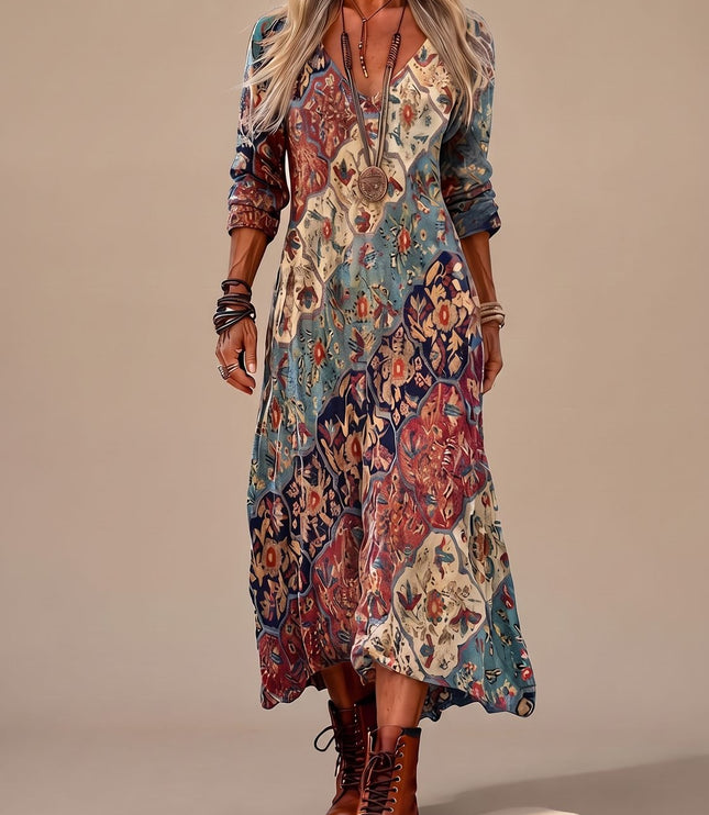 Women's Boho Maxi Dress in Folk Floral with Long Sleeve
