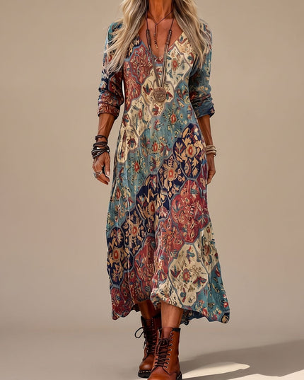 Women's Boho Maxi Dress in Folk Floral with Long Sleeve