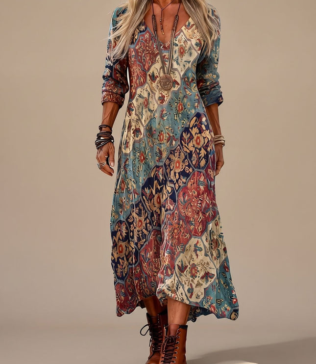 Women's Boho Maxi Dress in Folk Floral with Long Sleeve