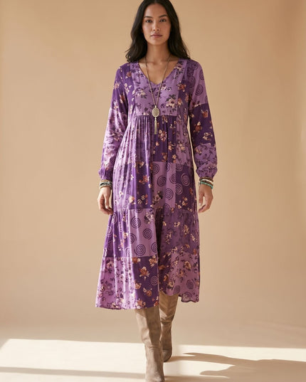 Women's Boho Maxi Dress in Patchwork Print, Long Sleeve