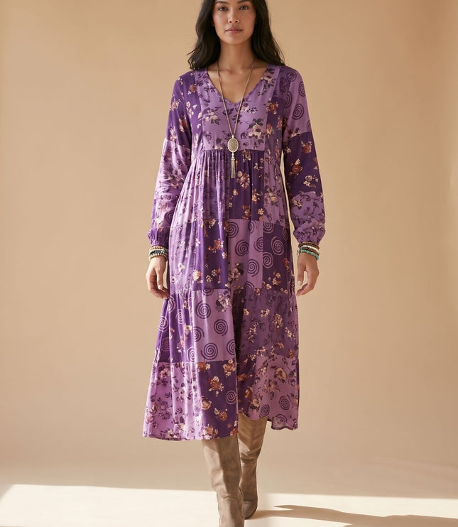 Women's Boho Maxi Dress in Patchwork Print, Long Sleeve