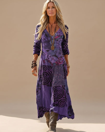 Women's Boho Maxi Dress in Patchwork Print, Long Sleeve