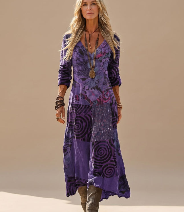 Women's Boho Maxi Dress in Patchwork Print, Long Sleeve