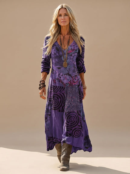 Women's Boho Maxi Dress in Patchwork Print, Long Sleeve