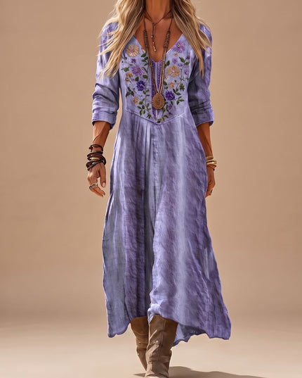 Women's Boho Maxi Dress with Floral Embroidery, Long Sleeve