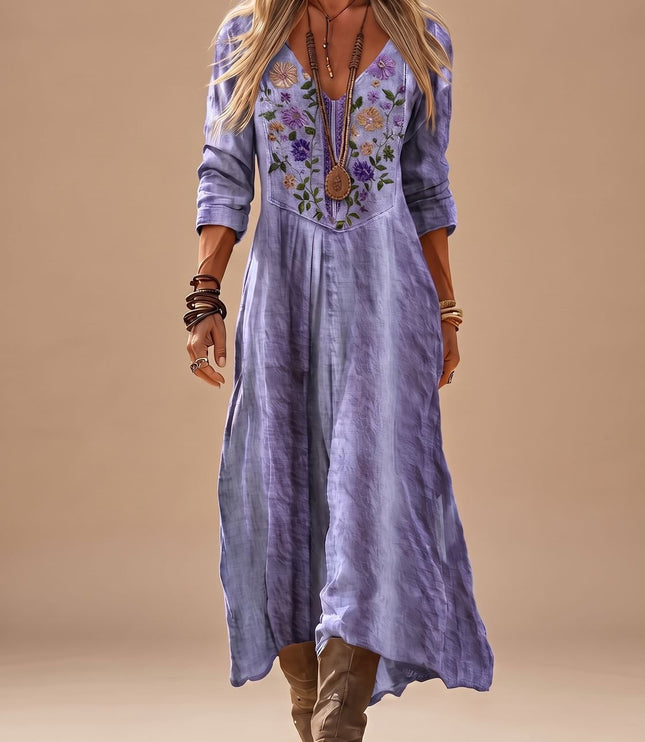 Women's Boho Maxi Dress with Floral Embroidery, Long Sleeve