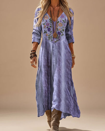 Women's Boho Maxi Dress with Floral Embroidery, Long Sleeve