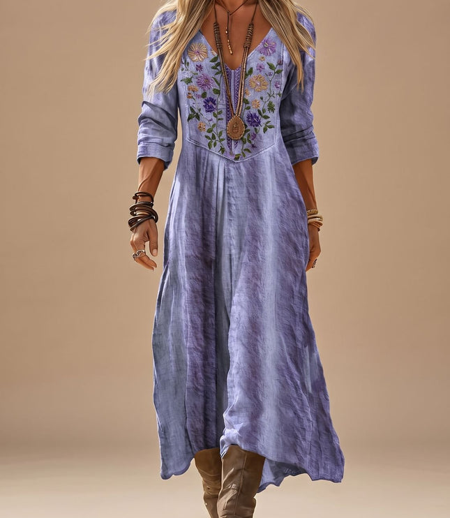 Women's Boho Maxi Dress with Floral Embroidery, Long Sleeve