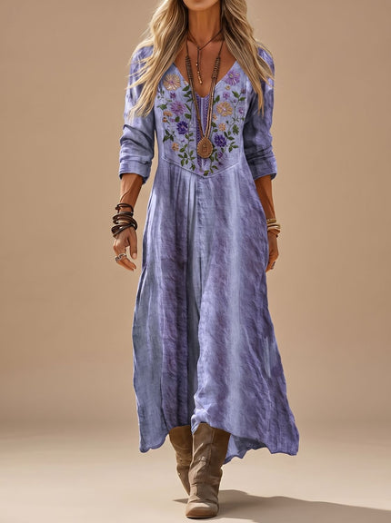 Women's Boho Maxi Dress with Floral Embroidery, Long Sleeve