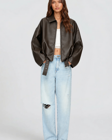 Women's Bomber Jacket in Faux Leather with Zip Up Front