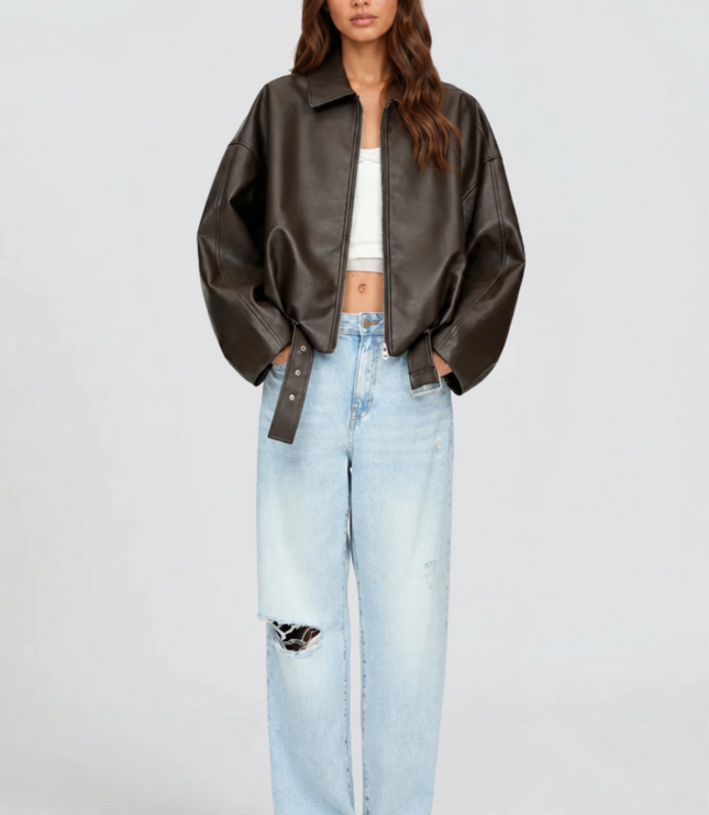 Women's Bomber Jacket in Faux Leather with Zip Up Front