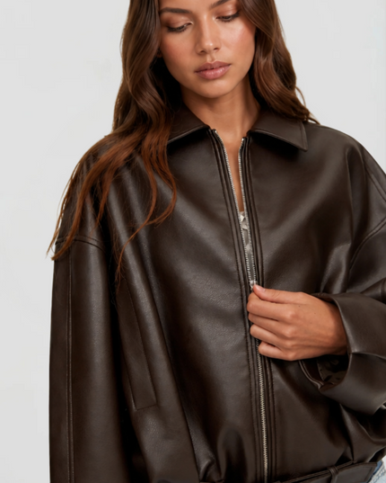 Women's Bomber Jacket in Faux Leather with Zip Up Front