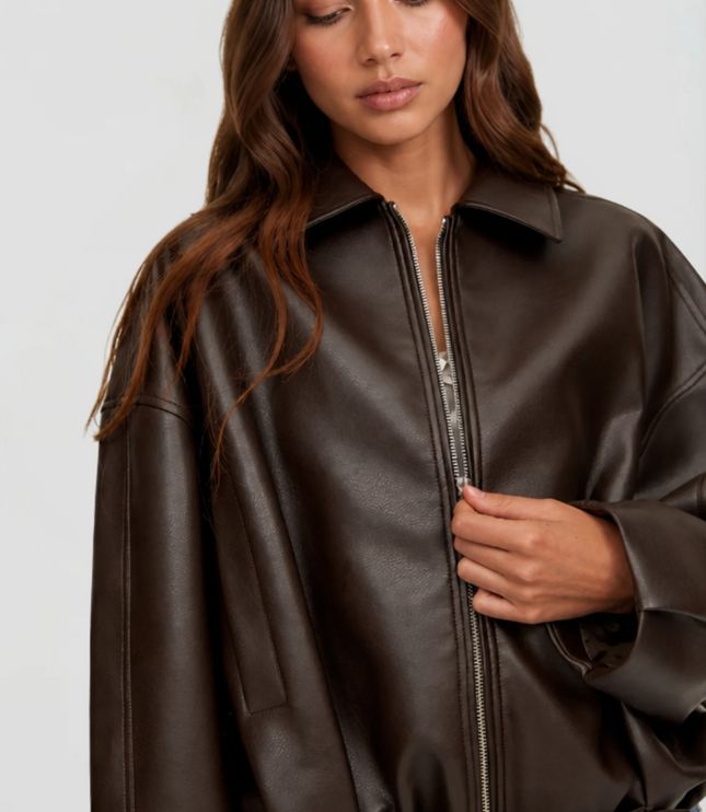 Women's Bomber Jacket in Faux Leather with Zip Up Front