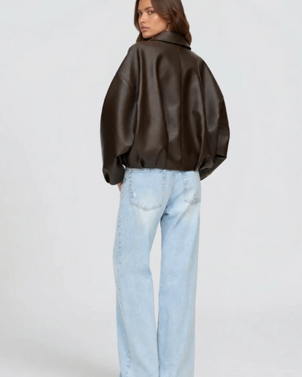 Women's Bomber Jacket in Faux Leather with Zip Up Front