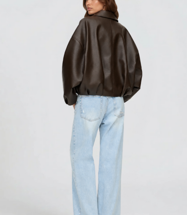 Women's Bomber Jacket in Faux Leather with Zip Up Front