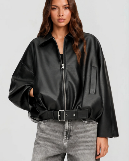 Women's Bomber Jacket in Faux Leather with Zip Up Front