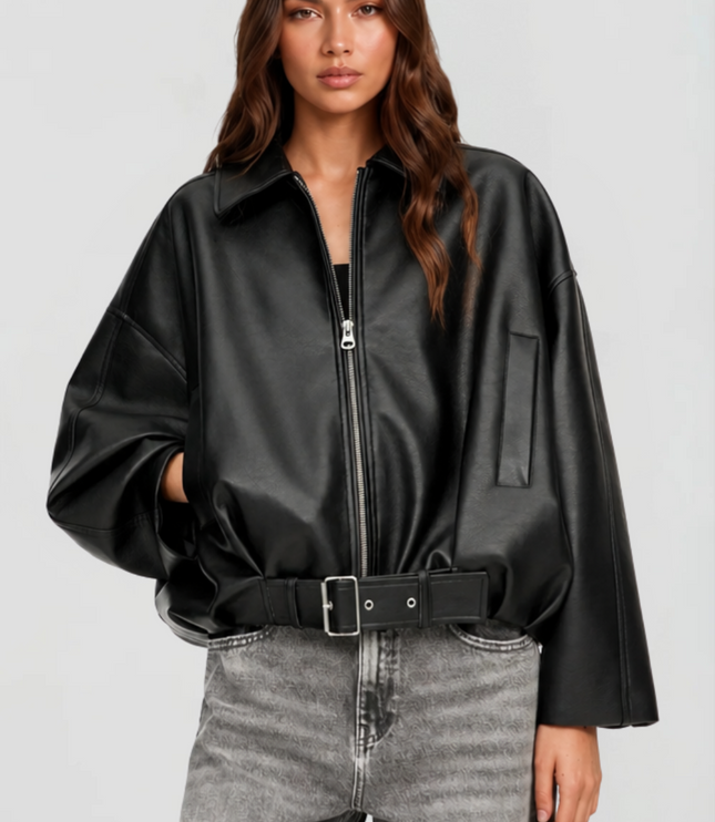 Women's Bomber Jacket in Faux Leather with Zip Up Front