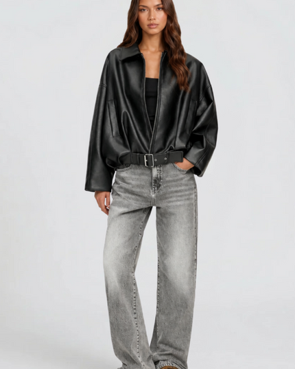 Women's Bomber Jacket in Faux Leather with Zip Up Front