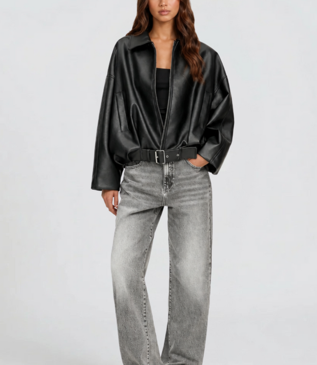 Women's Bomber Jacket in Faux Leather with Zip Up Front