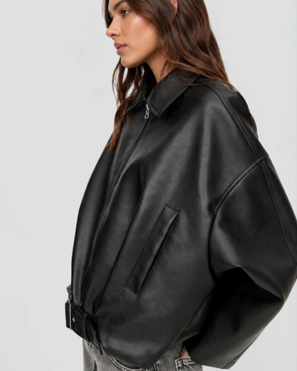Women's Bomber Jacket in Faux Leather with Zip Up Front