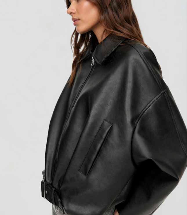 Women's Bomber Jacket in Faux Leather with Zip Up Front