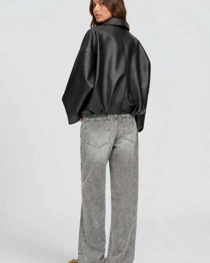 Women's Bomber Jacket in Faux Leather with Zip Up Front